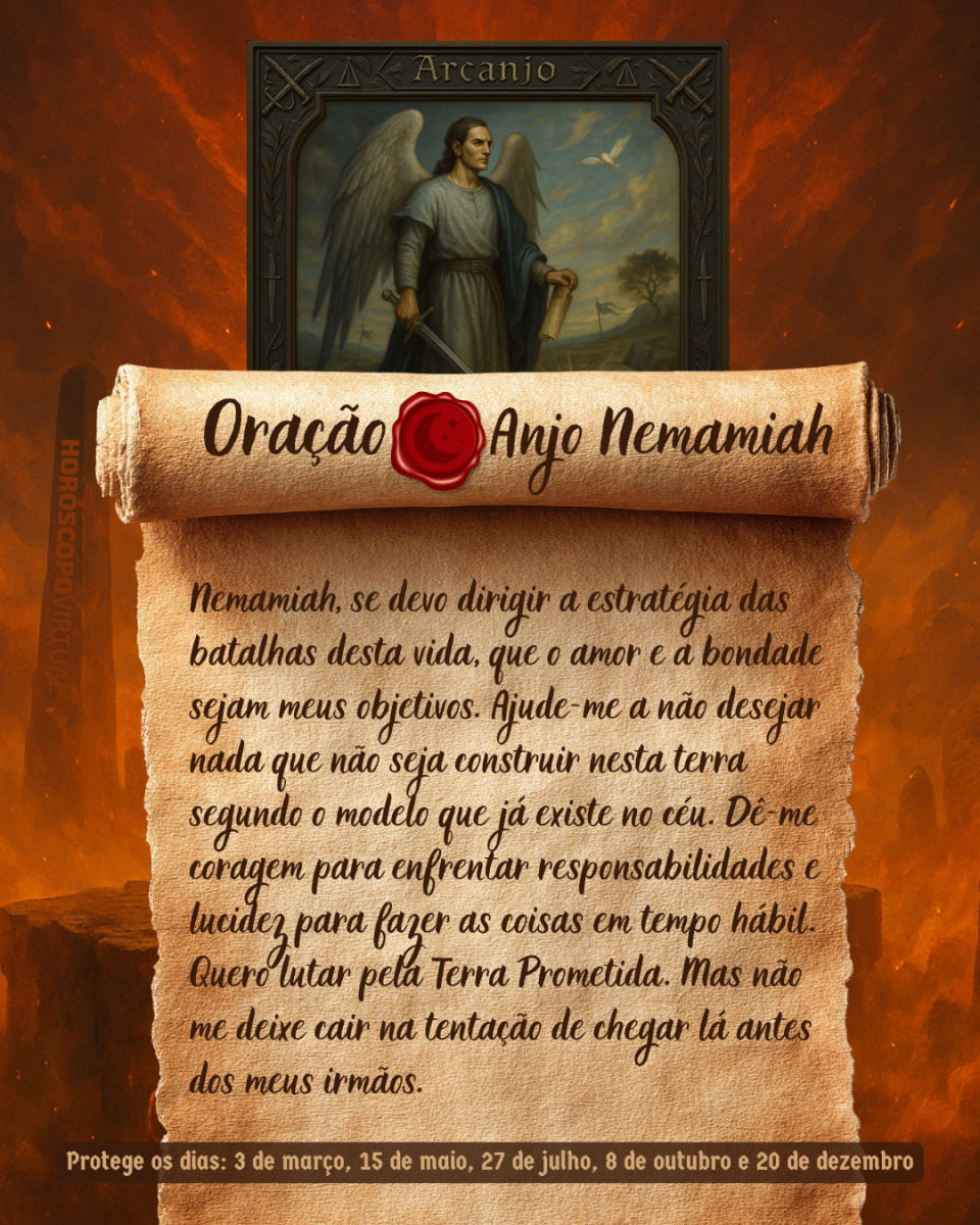Imagem vertical, com fundo em tons de laranja e marrom. Na parte superior, há um quadro representando um anjo. Um pergaminho antigo ocupa a maior parte da imagem e apresenta o título “Oração Anjo Nemamiah” e a oração: 