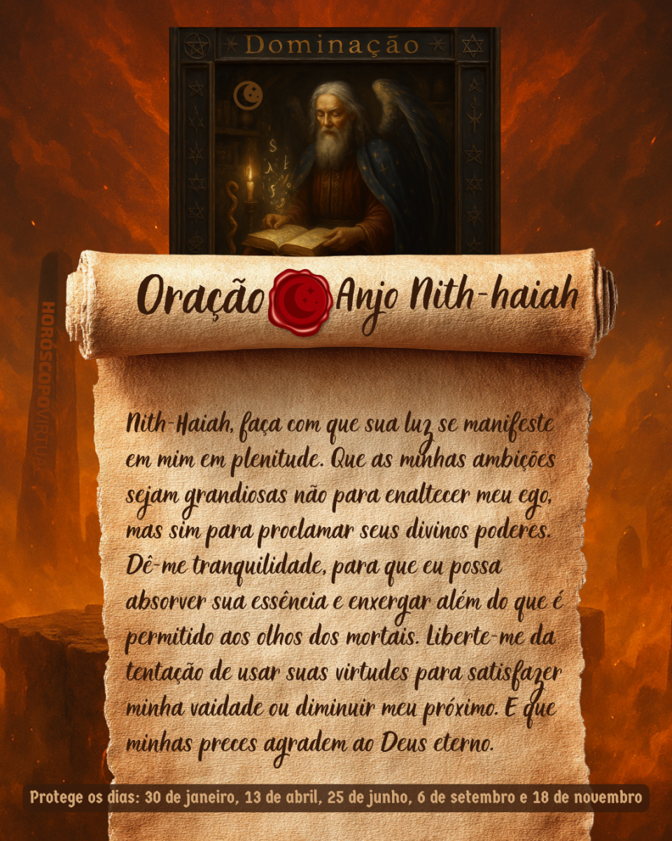 Imagem vertical, com fundo em tons de laranja e marrom. Na parte superior, há um quadro representando um anjo. Um pergaminho antigo ocupa a maior parte da imagem e apresenta o título “Oração Anjo Nith-haiah” e a oração: 