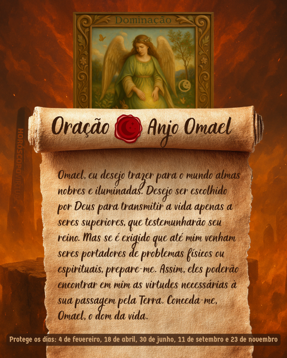 Imagem vertical, com fundo em tons de laranja e marrom. Na parte superior, há um quadro representando um anjo. Um pergaminho antigo ocupa a maior parte da imagem e apresenta o título “Oração Anjo Omael” e a oração: 