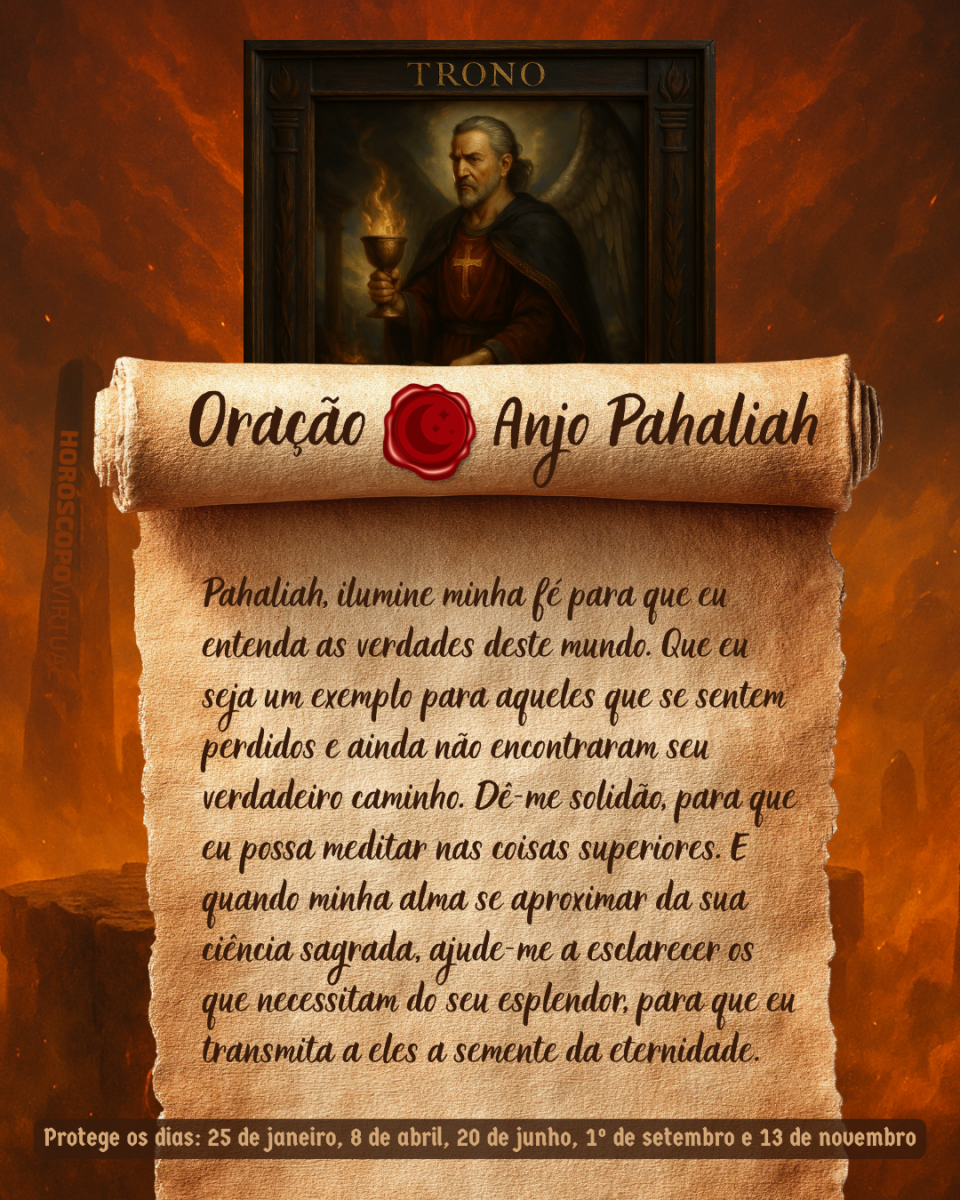 Imagem vertical, com fundo em tons de laranja e marrom. Na parte superior, há um quadro representando um anjo. Um pergaminho antigo ocupa a maior parte da imagem e apresenta o título “Oração Anjo Pahaliah” e a oração: 