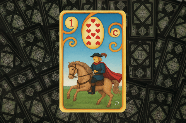 Imagens: HORÓSCOPO ViRTUaL / Canva e Pavel Danilyuk / Pexels / Canva Montagem com a carta O Cavaleiro do Baralho Cigano na posição normal em destaque. Ao fundo, há várias cartas de Tarot viradas para baixo.