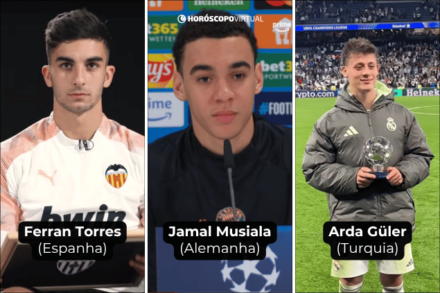 Montagem com os jogadores: (1) Ferran Torres, (2) Jamal Musiala (3) Arda Güler.