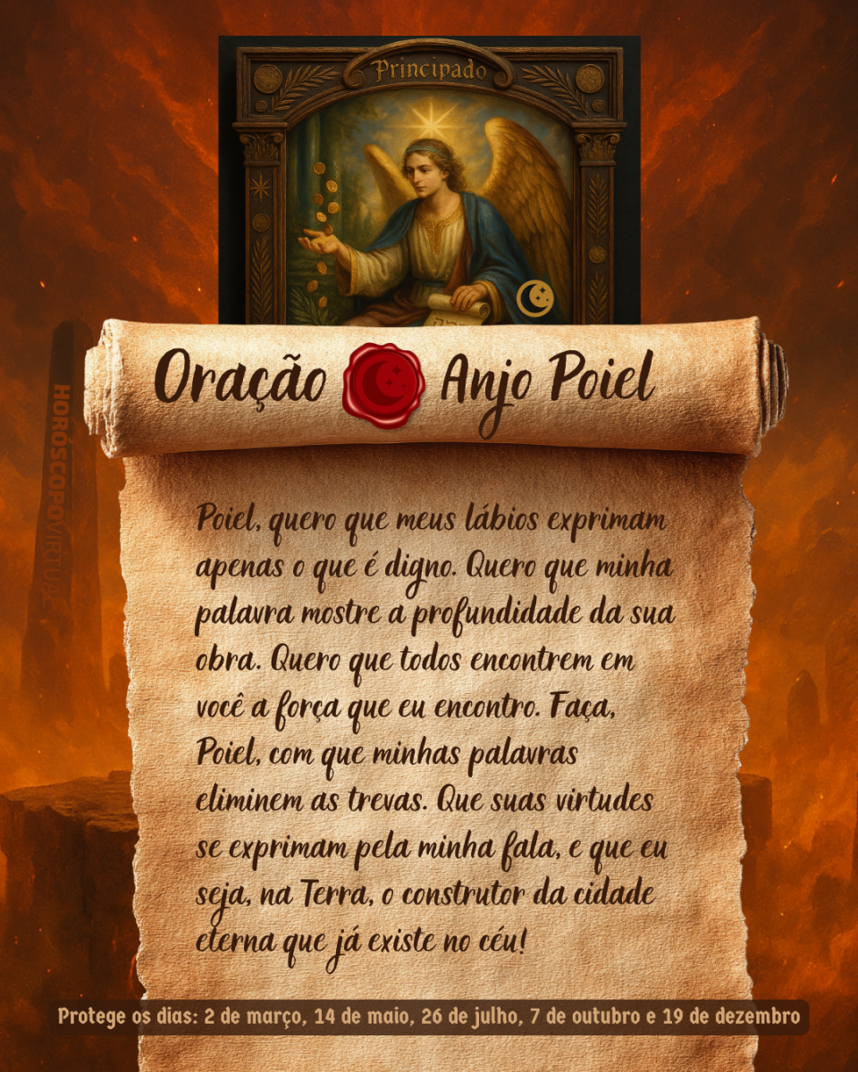 HORÓSCOPO ViRTUaL / Canva Imagem vertical, com fundo em tons de laranja e marrom. Na parte superior, há um quadro representando um anjo. Um pergaminho antigo ocupa a maior parte da imagem e apresenta o título “Oração Anjo Poiel” e a oração: