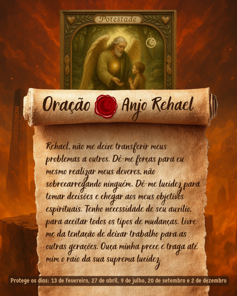 Imagem vertical, com fundo em tons de laranja e marrom. Na parte superior, há um quadro representando um anjo. Um pergaminho antigo ocupa a maior parte da imagem e apresenta o título “Oração Anjo Rehael” e a oração: 