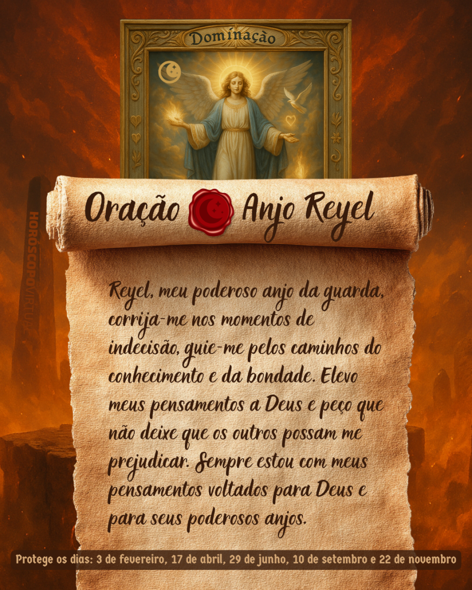 Imagem vertical, com fundo em tons de laranja e marrom. Na parte superior, há um quadro representando um anjo. Um pergaminho antigo ocupa a maior parte da imagem e apresenta o título “Oração Anjo Reyel” e a oração: 