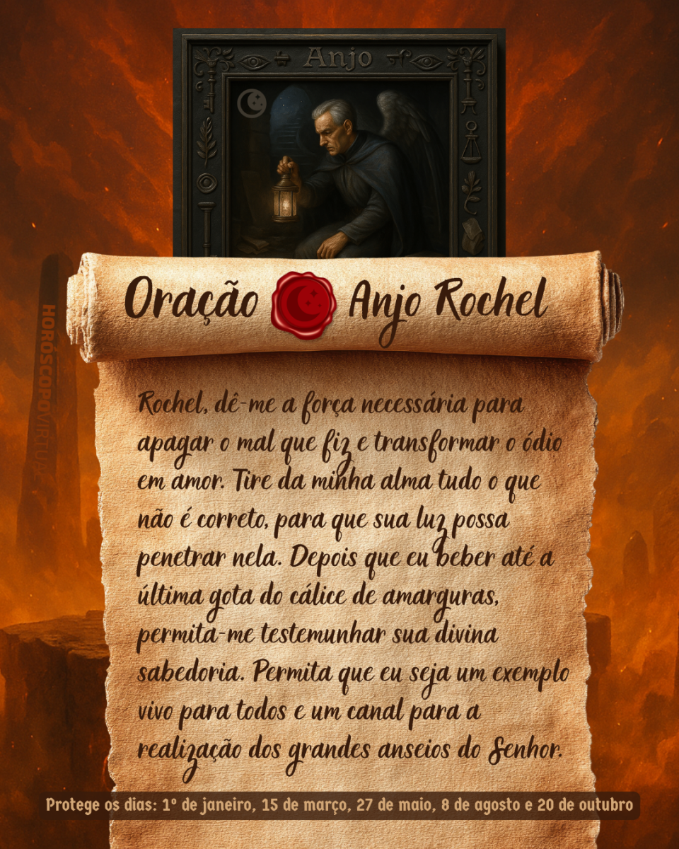Imagem vertical, com fundo em tons de laranja e marrom. Na parte superior, há um quadro representando um anjo. Um pergaminho antigo ocupa a maior parte da imagem e apresenta o título “Oração Anjo Rochel” e a oração: 