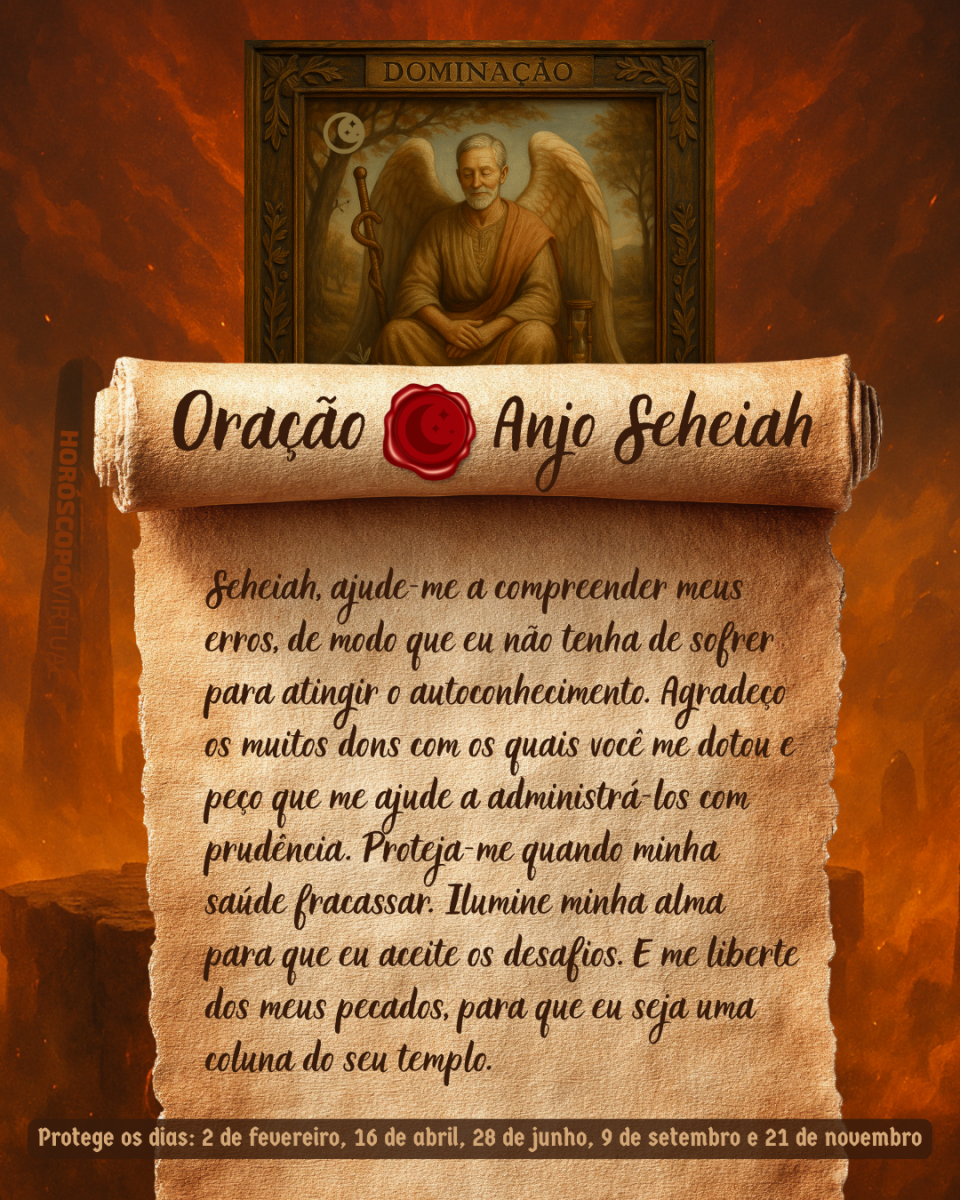 Imagem vertical, com fundo em tons de laranja e marrom. Na parte superior, há um quadro representando um anjo. Um pergaminho antigo ocupa a maior parte da imagem e apresenta o título “Oração Anjo Seheiah” e a oração: 