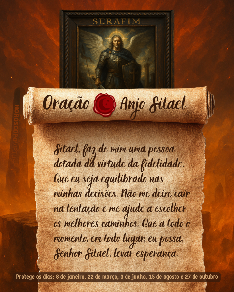 Imagem vertical, com fundo em tons de laranja e marrom. Na parte superior, há um quadro representando um anjo. Um pergaminho antigo ocupa a maior parte da imagem e apresenta o título “Oração Anjo Sitael” e a oração: 