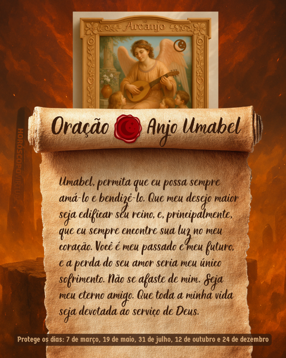 HORÓSCOPO ViRTUaL / Canva Imagem vertical, com fundo em tons de laranja e marrom. Na parte superior, há um quadro representando um anjo. Um pergaminho antigo ocupa a maior parte da imagem e apresenta o título “Oração Anjo Umabel” e a oração: