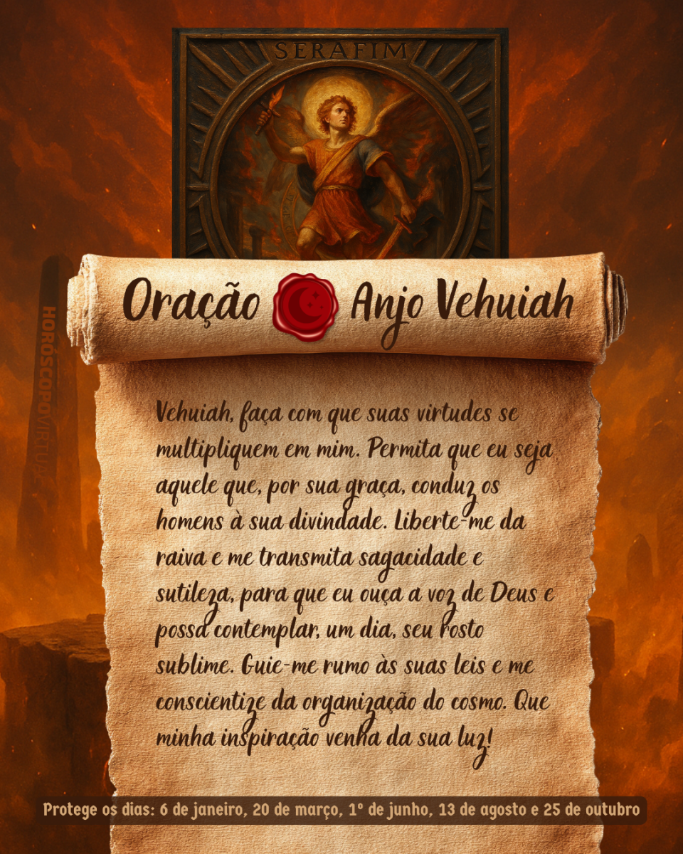 HORÓSCOPO ViRTUaL / Canva Imagem vertical, com fundo em tons de laranja e marrom. Na parte superior, há um quadro representando um anjo. Um pergaminho antigo ocupa a maior parte da imagem e apresenta o título “Oração Anjo Vehuiah” e a oração: