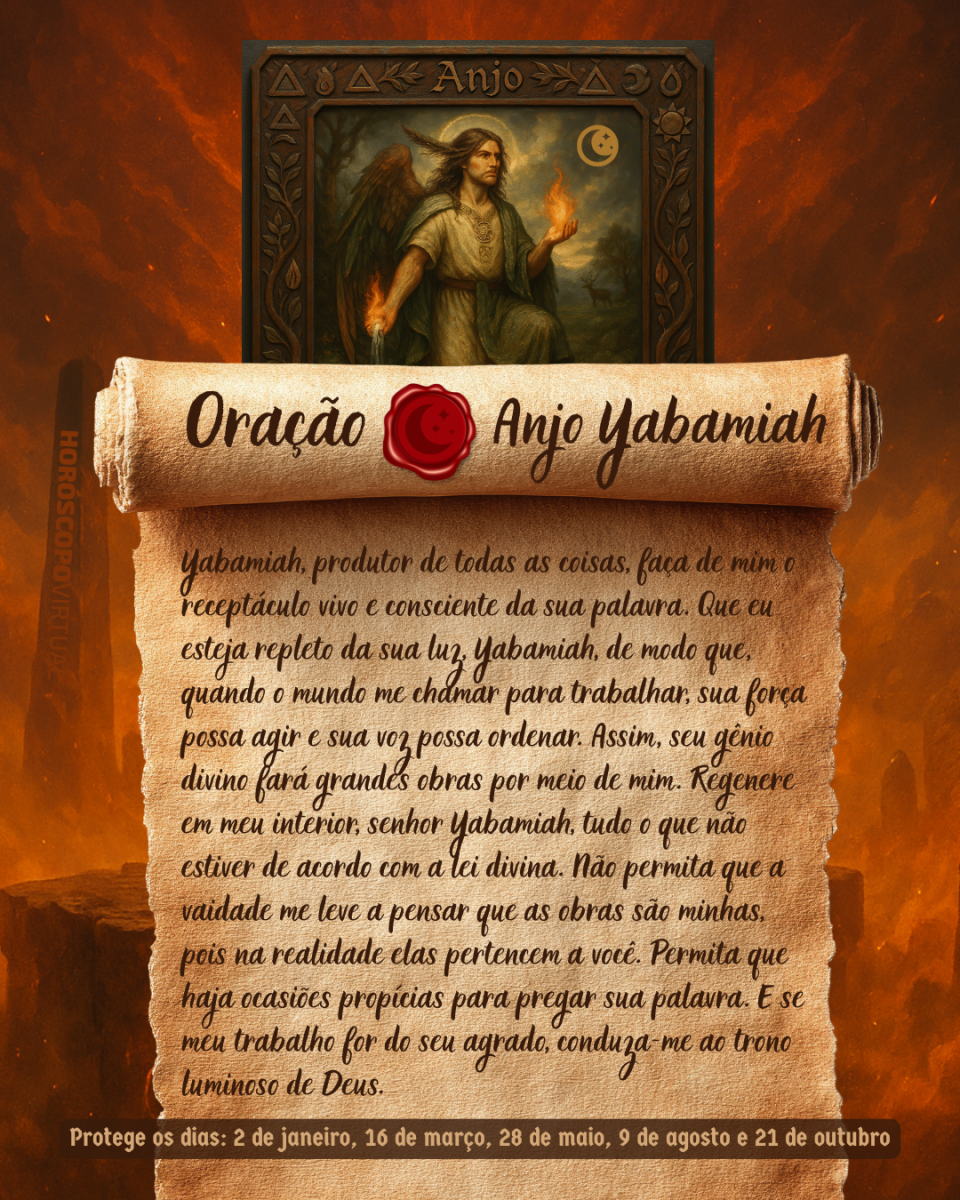 Imagem vertical, com fundo em tons de laranja e marrom. Na parte superior, há um quadro representando um anjo. Um pergaminho antigo ocupa a maior parte da imagem e apresenta o título “Oração Anjo Yabamiah” e a oração: 