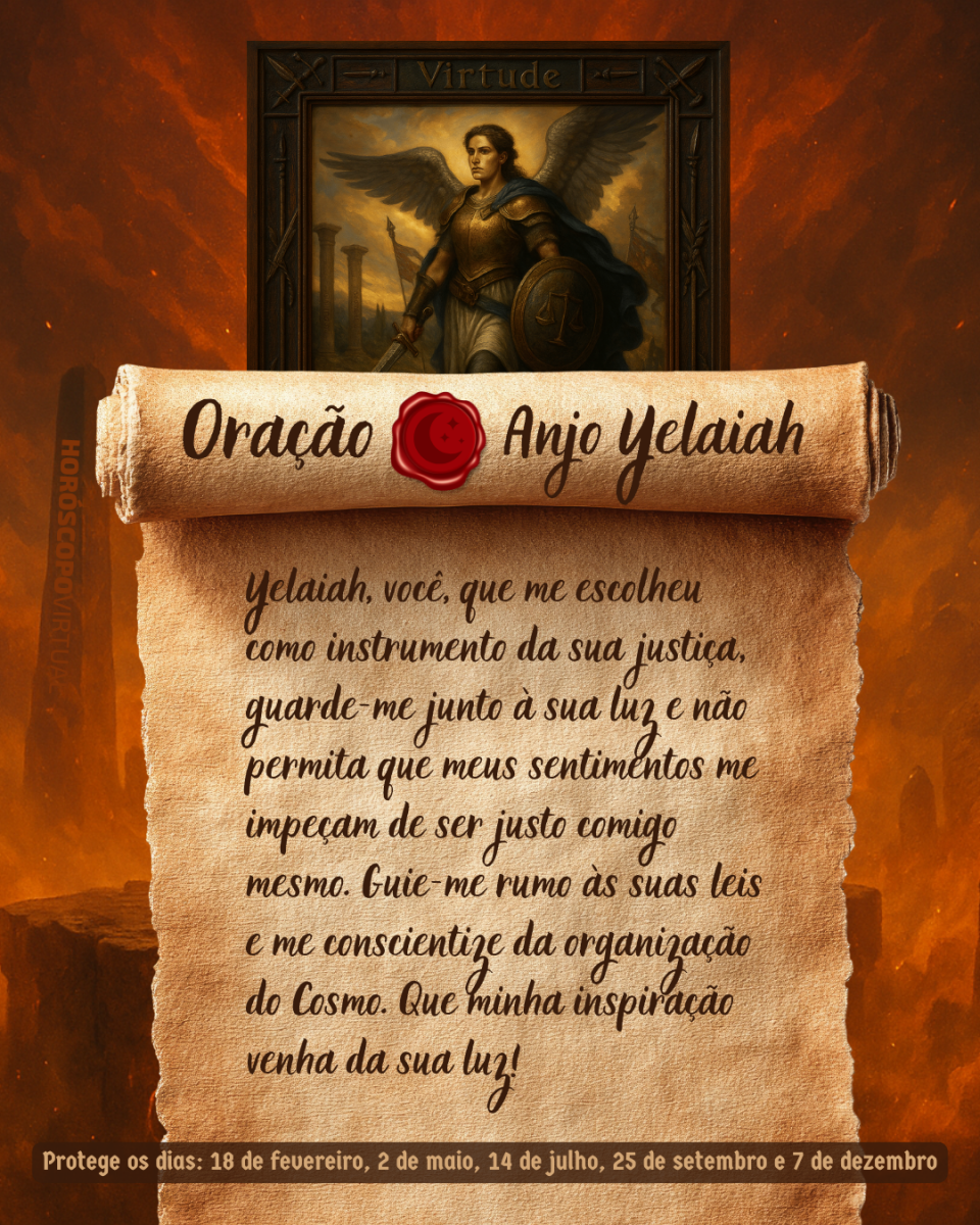 HORÓSCOPO ViRTUaL / Canva Imagem vertical, com fundo em tons de laranja e marrom. Na parte superior, há um quadro representando um anjo. Um pergaminho antigo ocupa a maior parte da imagem e apresenta o título “Oração Anjo Yelaiah” e a oração: