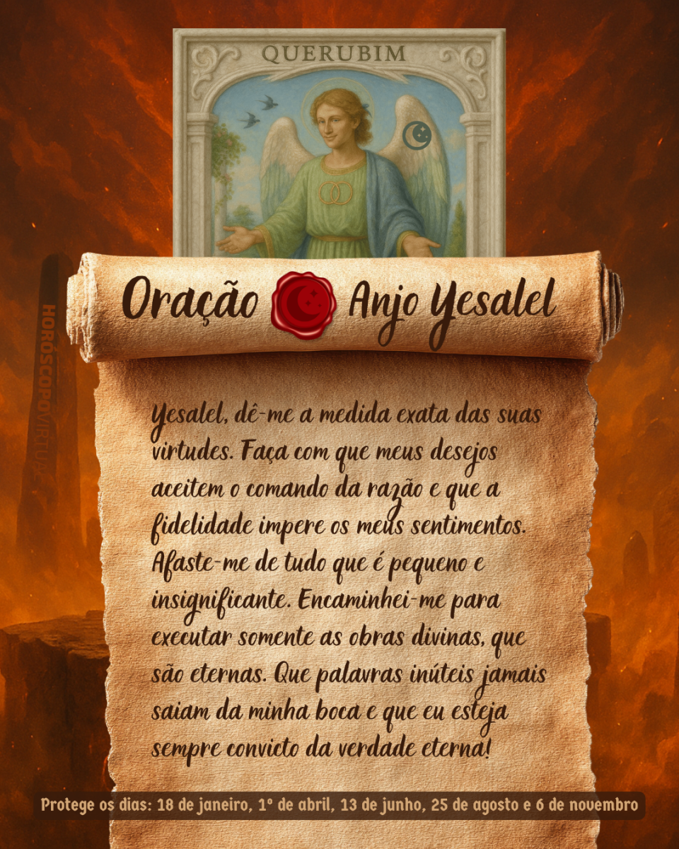 Imagem vertical, com fundo em tons de laranja e marrom. Na parte superior, há um quadro representando um anjo. Um pergaminho antigo ocupa a maior parte da imagem e apresenta o título “Oração Anjo Yesalel” e a oração: 