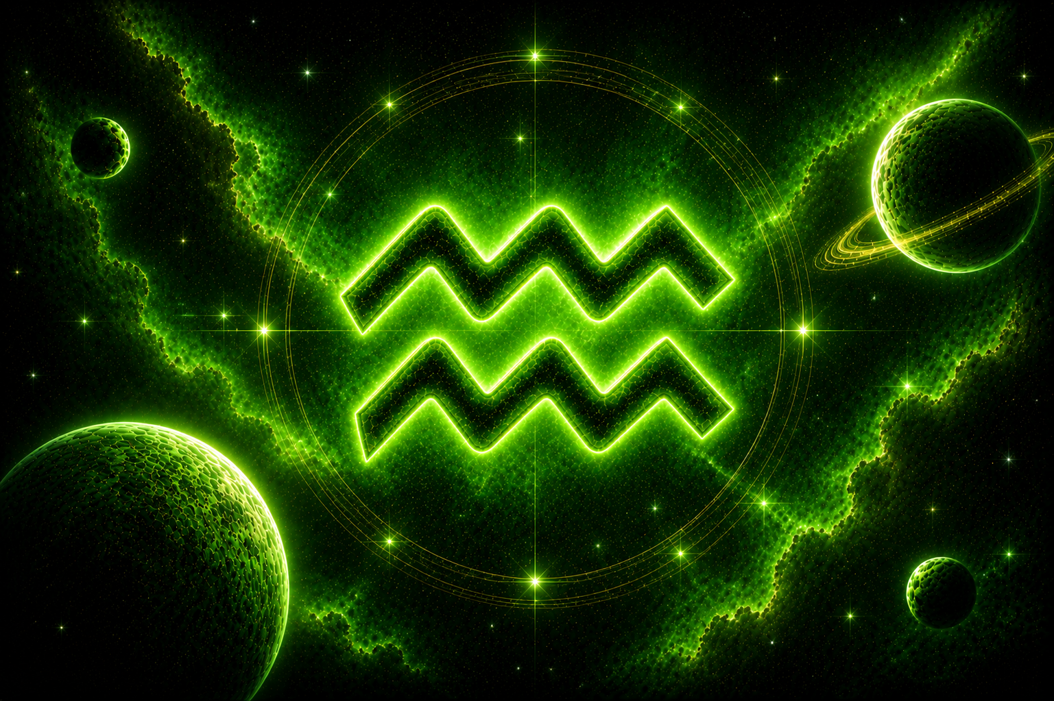 Símbolo de Aquário em destaque no centro de um cenário cósmico verde, cercado por planetas, estrelas e nebulosas luminosas que criam uma atmosfera mística e celestial.