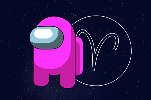 Desenho do boneco de Among Us na cor rosa e com o símbolo do signo de Áries ao lado