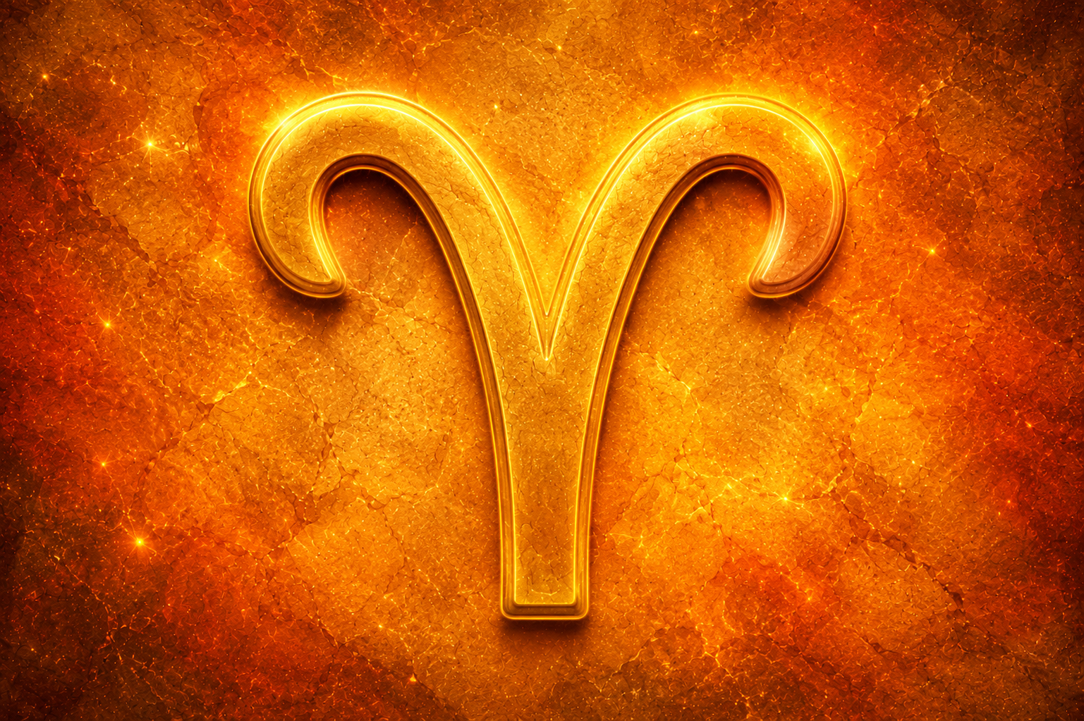  Símbolo do signo de Áries em destaque dourado sobre fundo texturizado em tons de laranja e dourado.