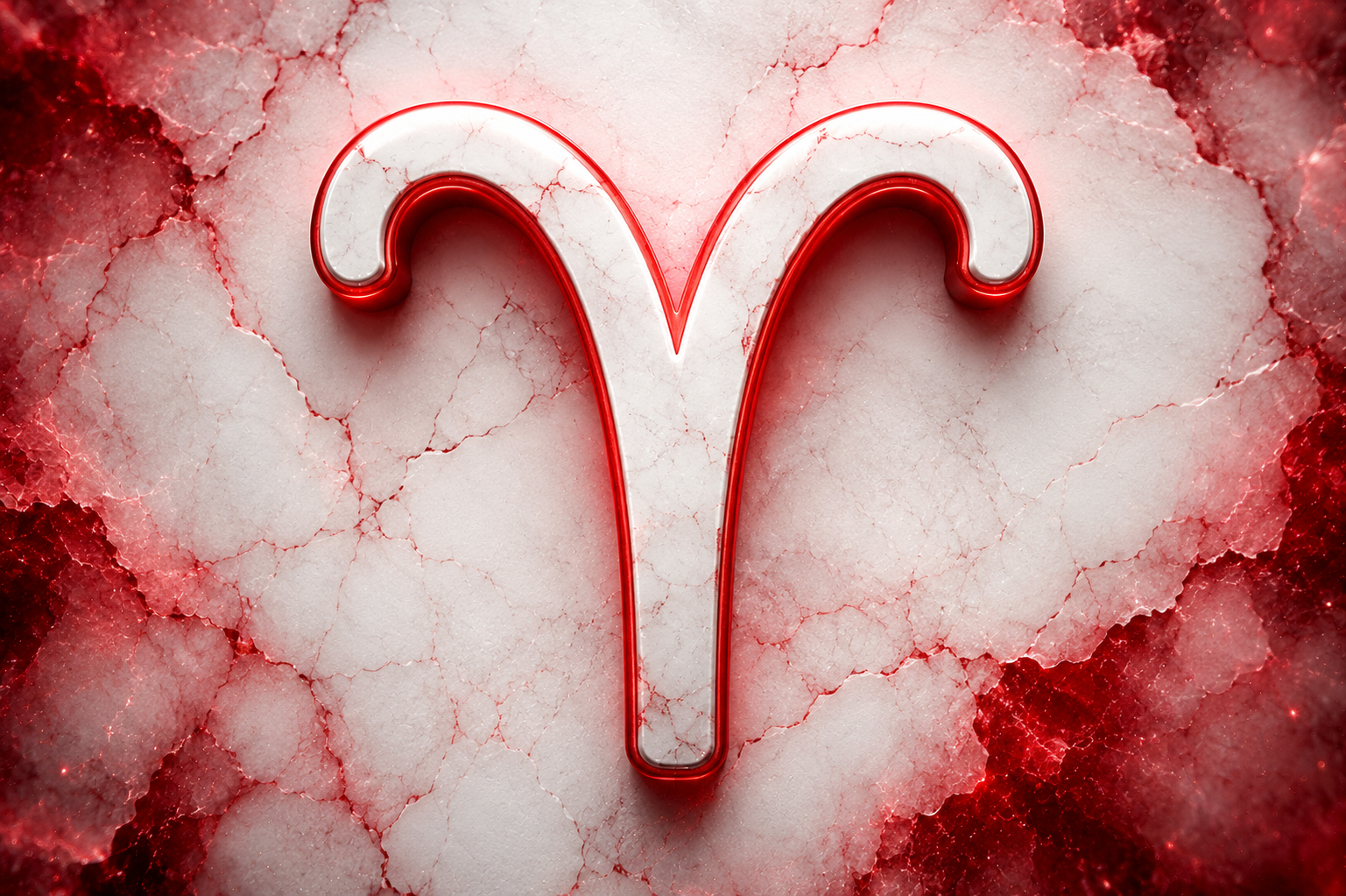 Símbolo do signo de Áries em destaque branco sobre fundo texturizado com detalhes em vermelho.