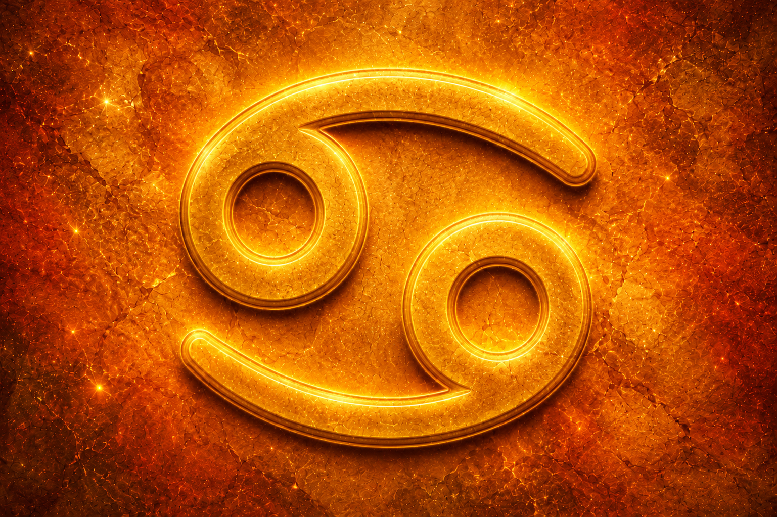 Símbolo do signo de Câncer em destaque dourado sobre fundo texturizado em tons de laranja e dourado.