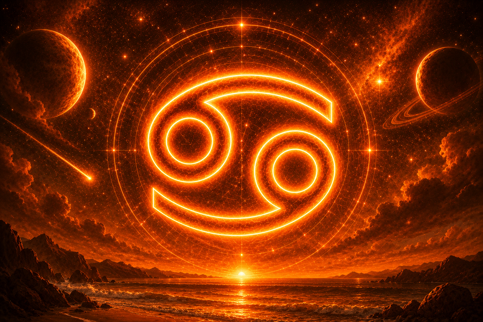 Símbolo de Câncer em destaque no centro de uma paisagem cósmica alaranjada, cercado por planetas, estrelas e nebulosas luminosas em um cenário celestial intenso.
