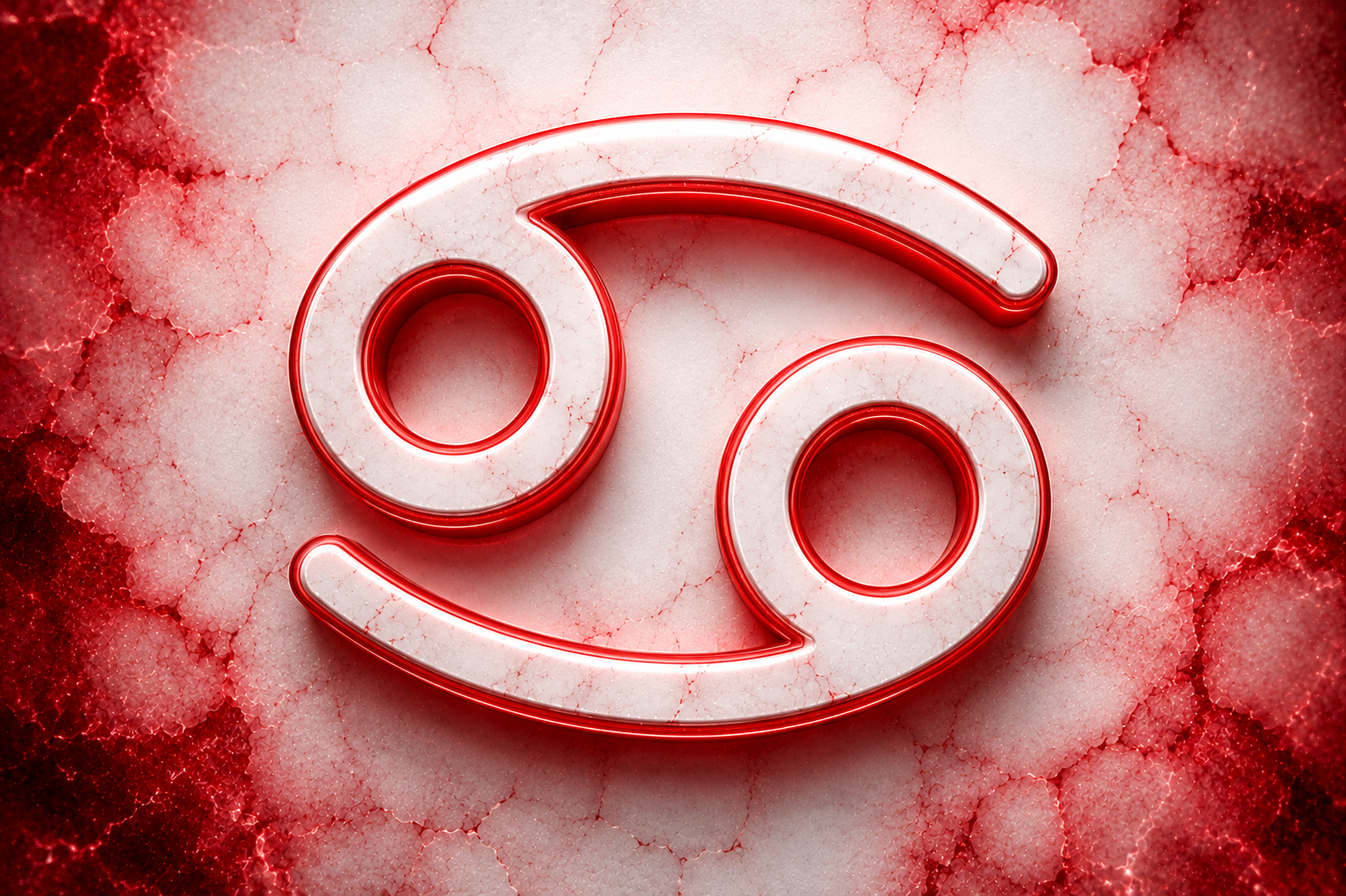 Símbolo do signo de Câncer em destaque branco sobre fundo texturizado com detalhes em vermelho.
