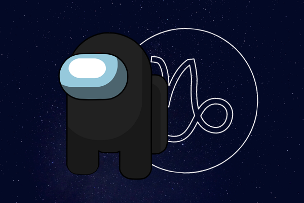 Desenho do boneco de Among Us na cor cinza e com o símbolo do signo de Capricórnio ao lado