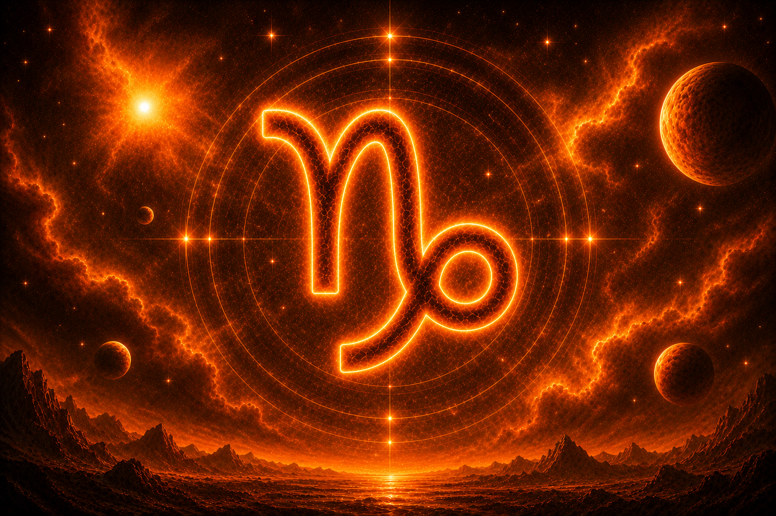Símbolo de Capricórnio em destaque no centro de uma paisagem cósmica alaranjada, cercado por planetas, estrelas e nebulosas luminosas em um cenário celestial intenso.