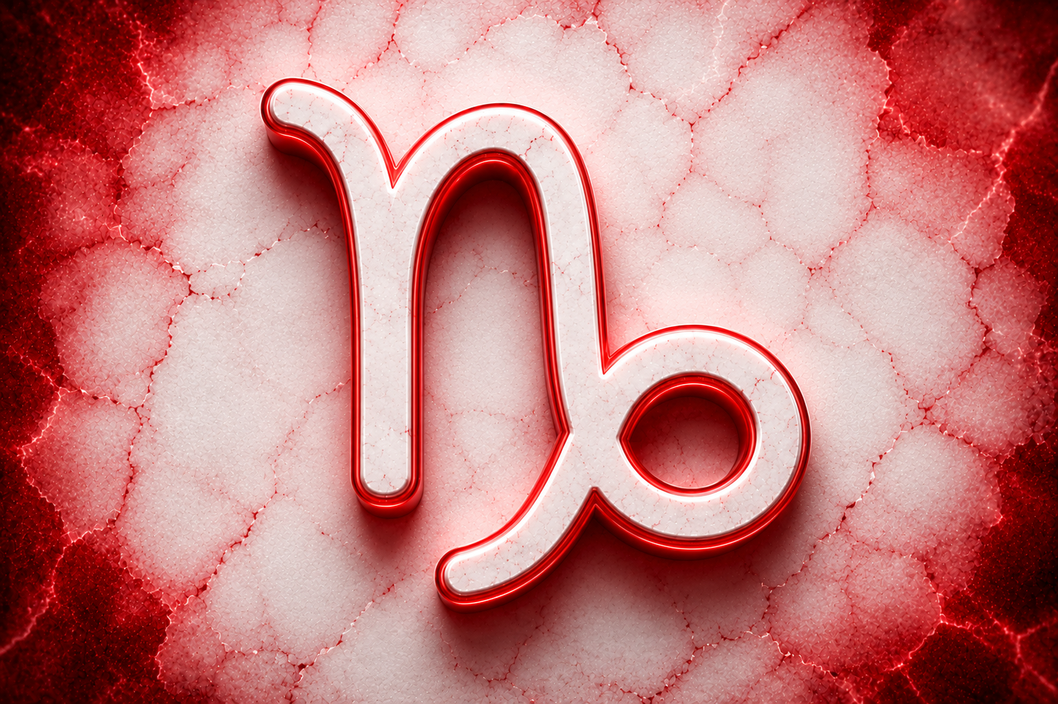  Símbolo do signo de Capricórnio em destaque branco sobre fundo texturizado com detalhes em vermelho.