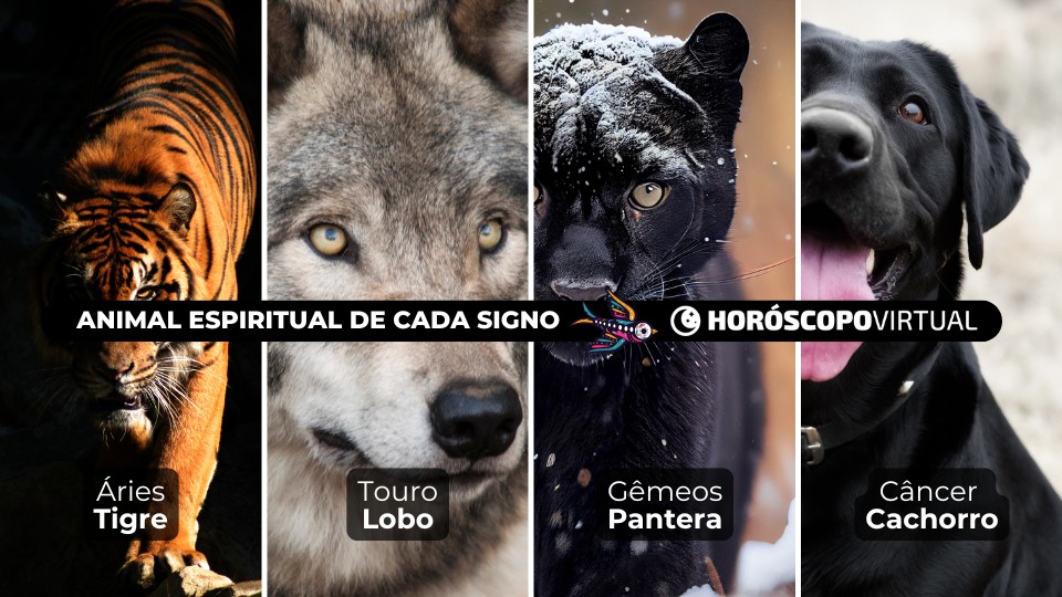 Imagem de quatros animais espiritiuais: Tigre, Lobo, Pantera e Cachorro, dos signos de áries, touro, gêmeos e câncer