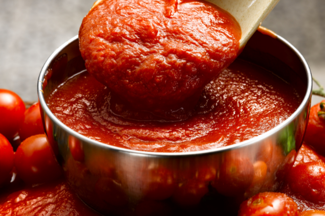 Molho de tomate em uma colher de madeira