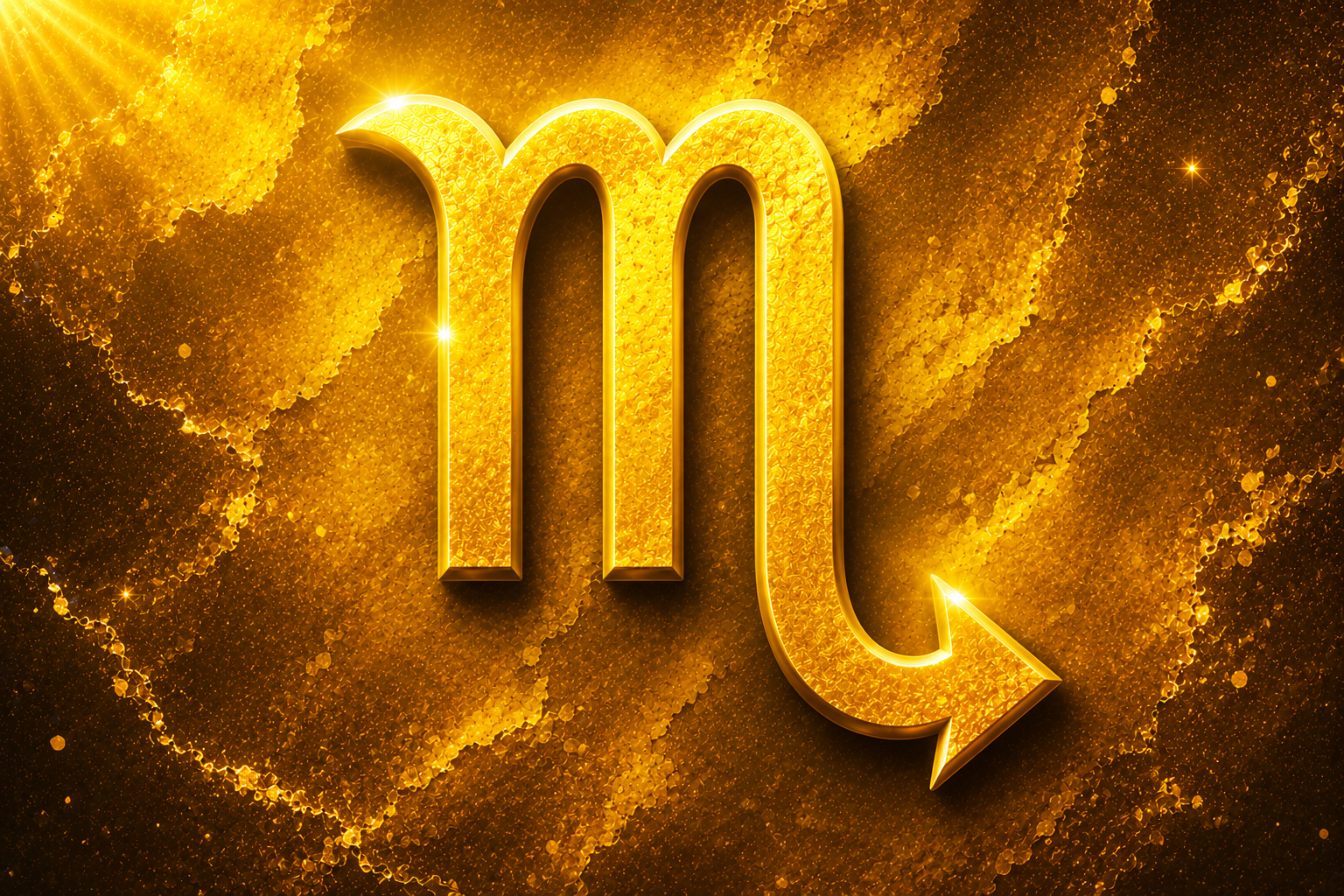 Símbolo do signo de Escorpião em destaque sobre fundo texturizado em tons de amarelo e dourado.