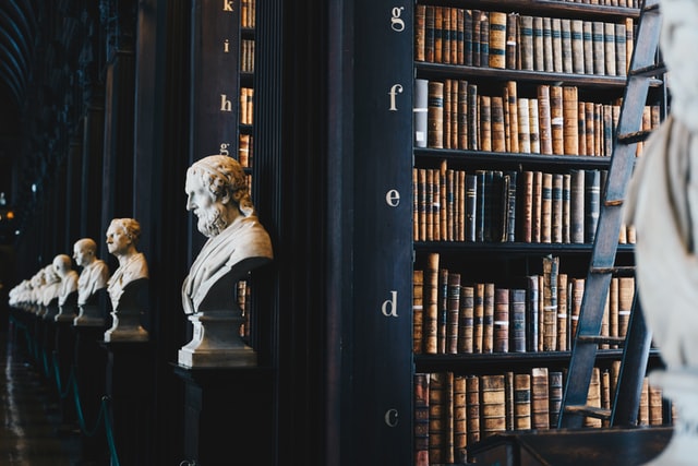 Biblioteca com esculturas.