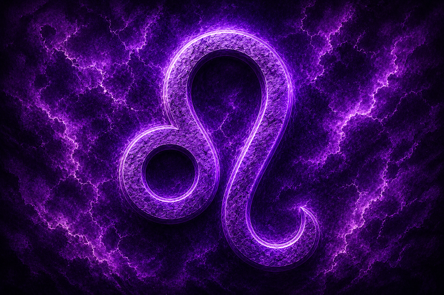 HORÓSCOPO ViRTUaL / Canva Símbolo de Leão em destaque ao centro, envolto por uma textura cósmica em tons intensos de roxo, com efeito luminoso e aspecto místico.