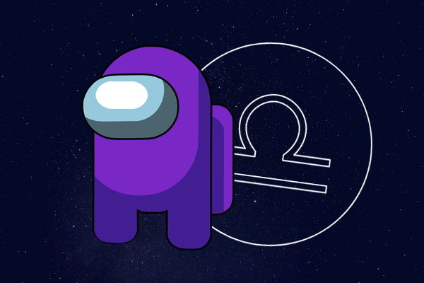 Desenho do boneco de Among Us na cor roxa e com o símbolo do signo de Libra ao lado