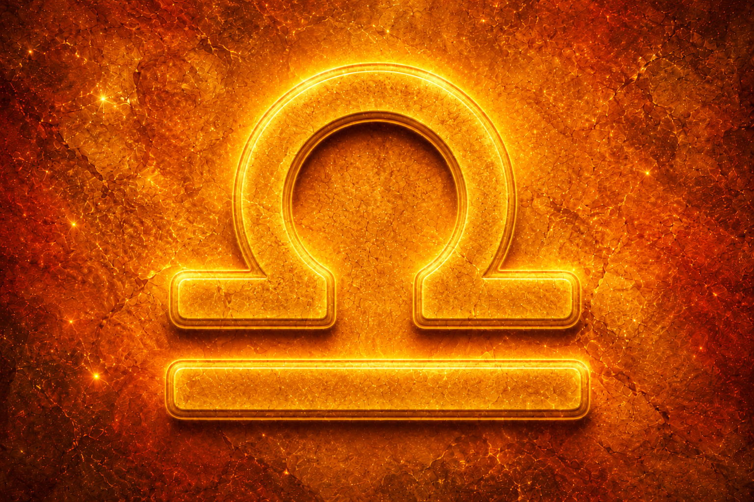 Símbolo do signo de Libra em destaque dourado sobre fundo texturizado em tons de laranja e dourado.
