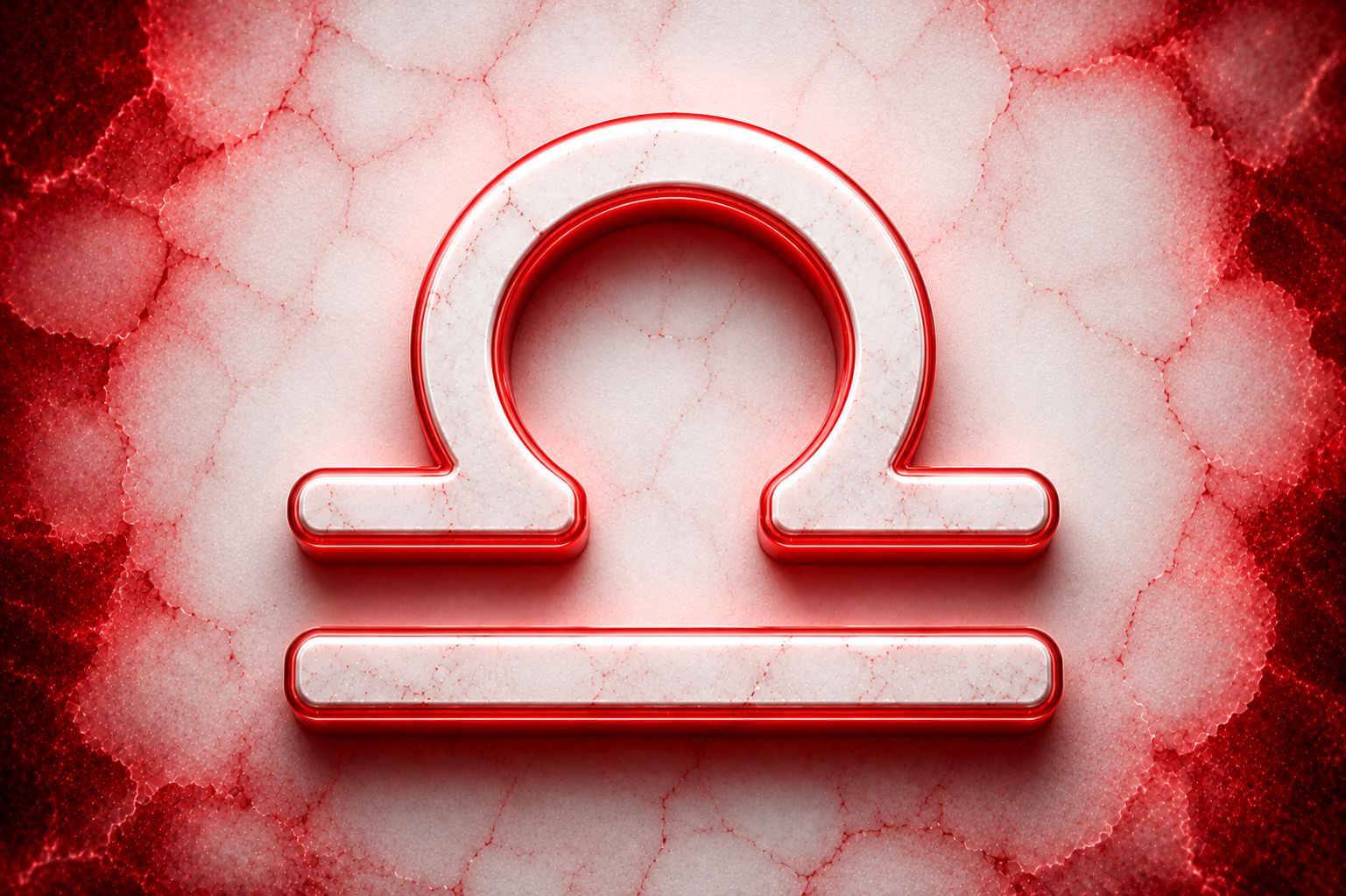 Símbolo do signo de Libra em destaque branco sobre fundo texturizado com detalhes em vermelho.
