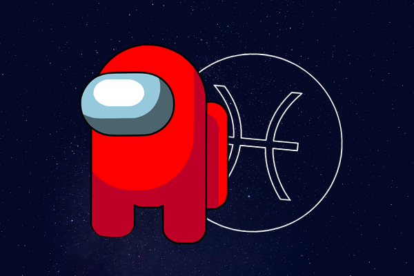 Desenho do boneco de Among Us na cor vermelho e com o símbolo do signo de Peixes ao lado