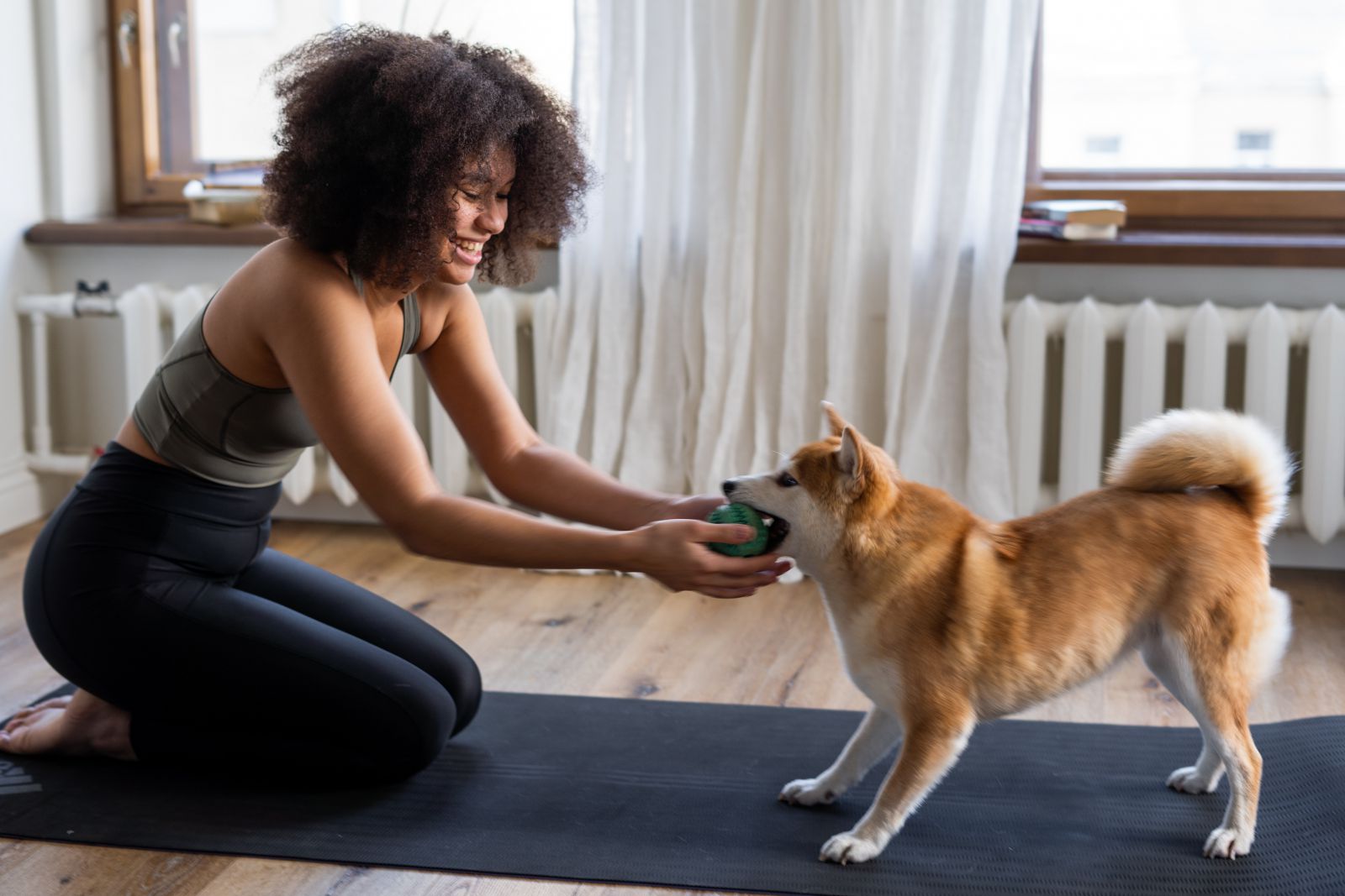 Mulher ajoelhada no chão brincando com seu cachorro