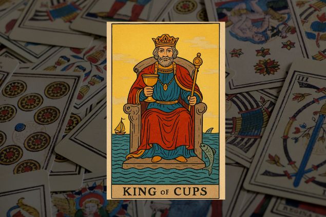 Imagem de fundo com numa variedade de cartas do tarot. Em destaque, a imagem da carta da Rei de Copas.