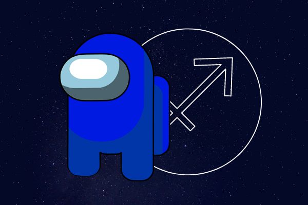 Desenho do boneco de Among Us na cor azul e com o símbolo do signo de Sagitário ao lado