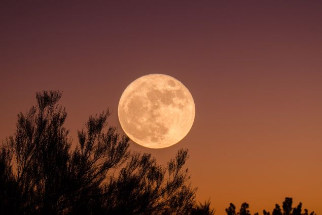 Lua cheia em um céu avermelhado.