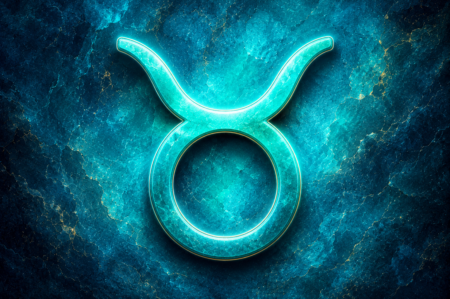 HORÓSCOPO ViRTUaL / Canva Símbolo do signo de Touro em destaque sobre fundo texturizado em tons de azul e verde-água.