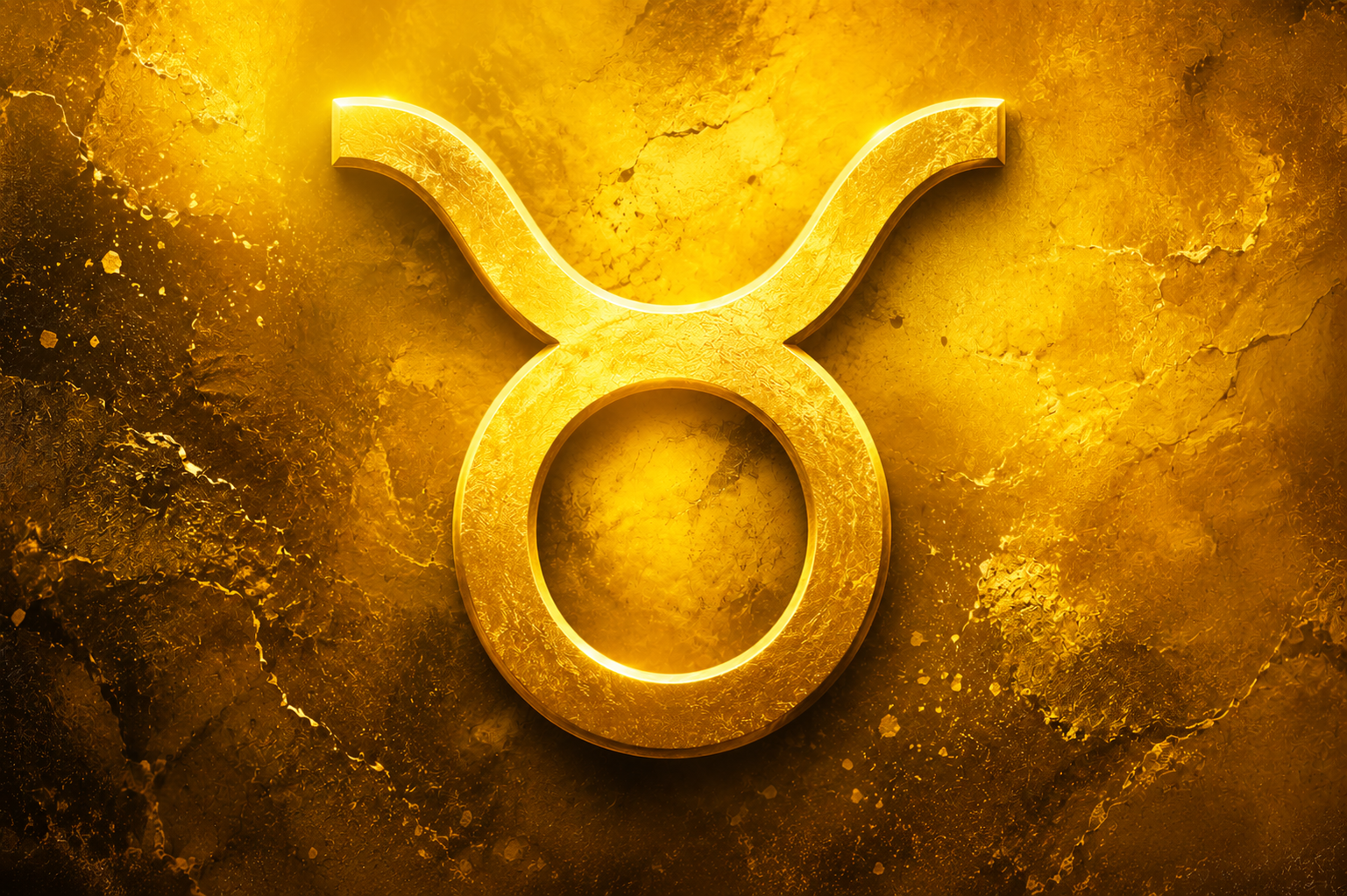 Símbolo do signo de Touro em destaque sobre fundo texturizado em tons de amarelo e dourado.